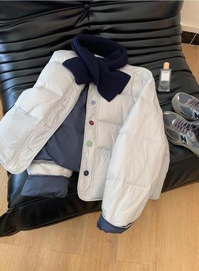 小红书同款韩系温柔奶蓝色棉服女秋冬季宽松小个子短款棉衣外套