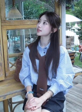 #官图实价【】韩系清爽通勤穿搭高级感蓝色条纹衬衫女