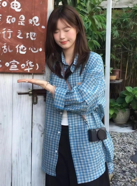 学院风蓝色格子衬衫女早秋流行穿搭字母刺绣衬衣外套宽松百搭上衣