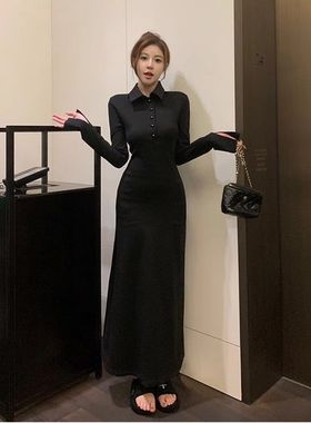 黑色法式衬衫连衣裙女2025年春季长袖收腰修身显瘦长裙气质设计感