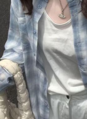 韩系慵懒蓝色格子衬衫女春夏宽松衬衣外套休闲长袖外搭防晒上衣
