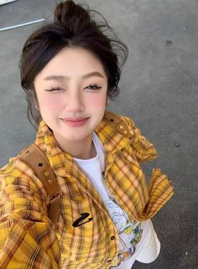 美式黄色格子衬衫女春季新款多巴胺衬衫外套宽松休闲覆古情侣上衣
