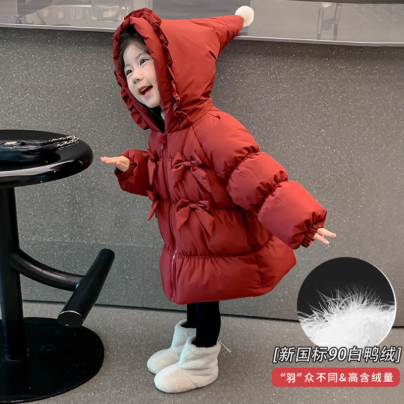 女童红色羽绒服冬季2025新款儿童冬装加厚中长款女孩宝宝洋气外套