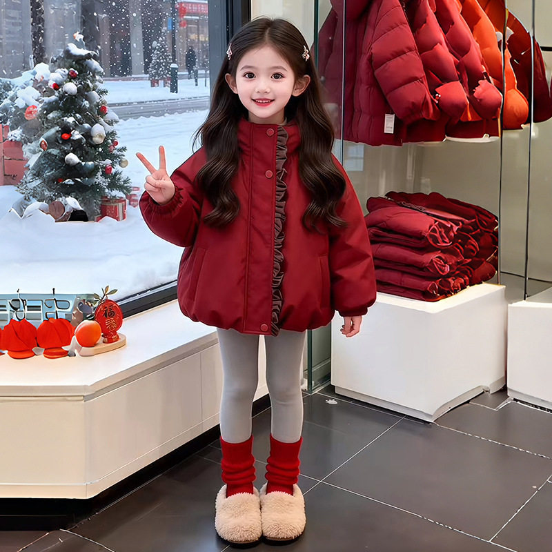 女童冬装羽绒棉衣加厚红色新年拜年服2026冬季新款儿童洋气棉袄潮