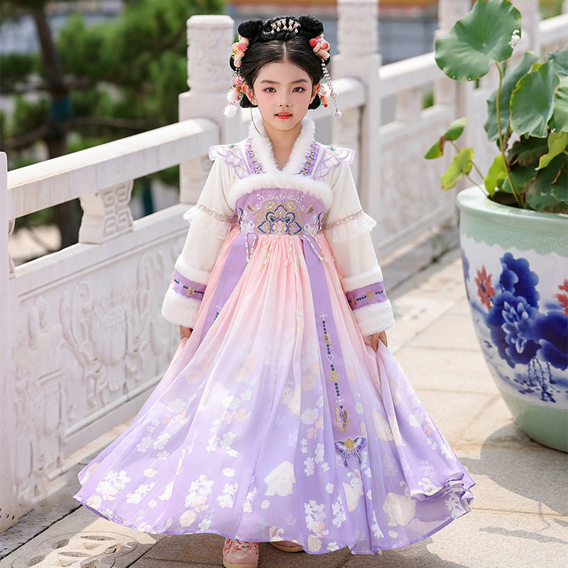 女童汉服冬装加绒厚款连衣裙古风儿童超仙裙子小女孩表演服拜年服