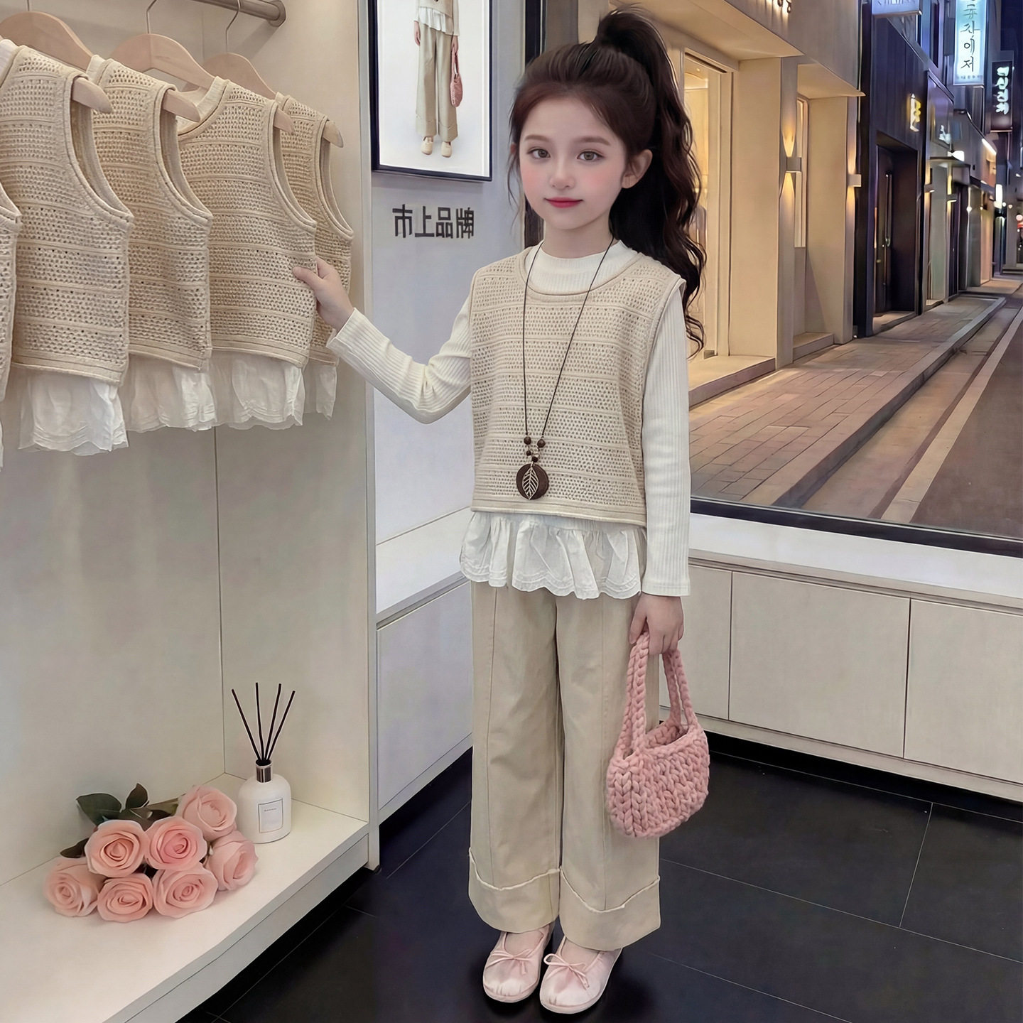 女童套装春款2026新款儿童洋气镂空马甲女孩春秋炸街阔腿裤三件套