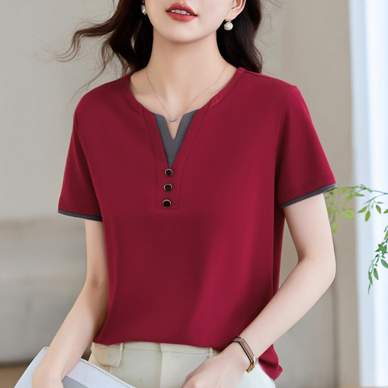 正肩v领短袖t恤女2026新款夏季爆款女装宽松假两件上衣中年体恤衫