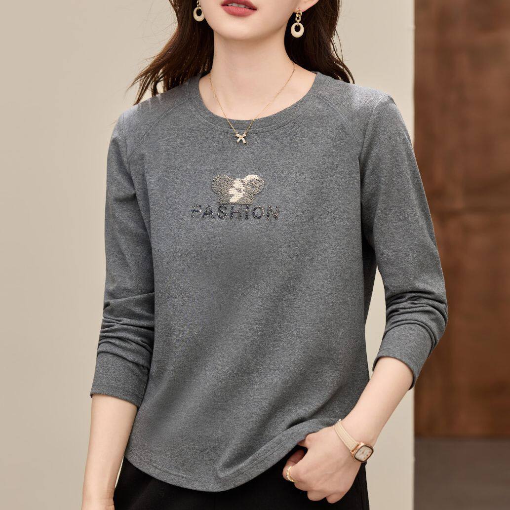 正肩长袖t恤女2026新款早春爆款女装灰色单穿上衣高端洋气打底衫