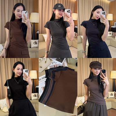 【一比Eby】小高领正肩短袖打底衫休闲纯色T恤夏秋上衣女251388#