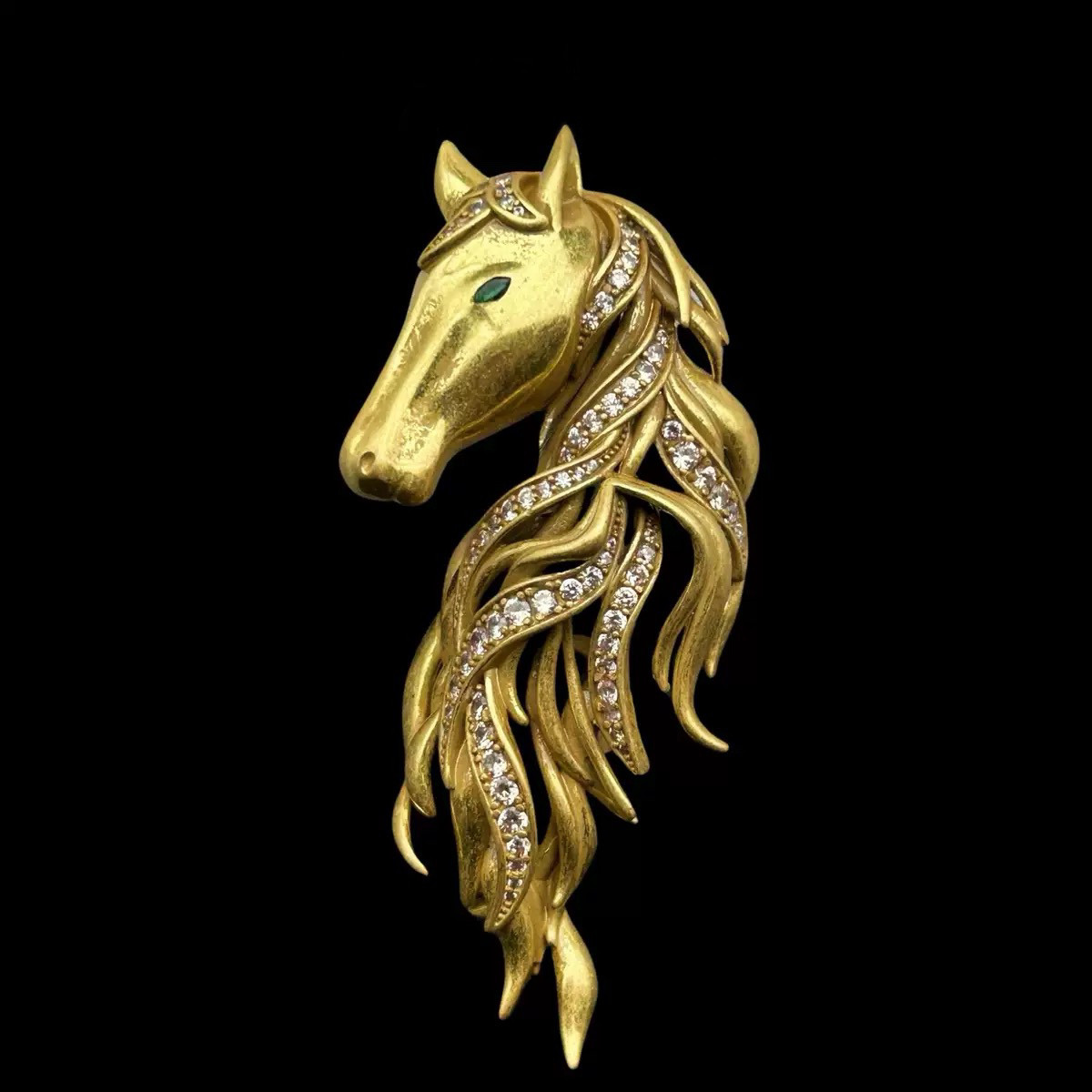 中古风重工设计潮流合金电镀镶钻马头胸针复古立体浮雕饰品