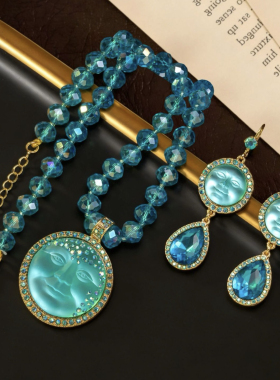 中古风复古高级感复古镀真金925银针项链树脂浮雕太阳神耳环