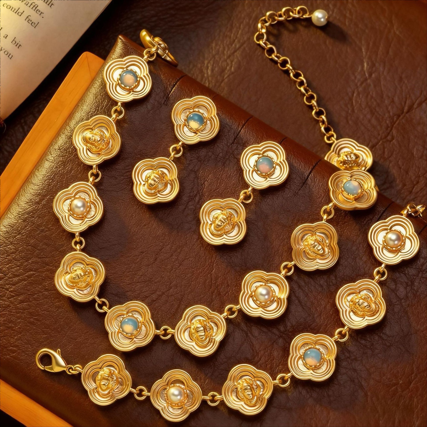 中古风复古宫廷风高级感复古镀真金花朵手链项链耳环耳饰