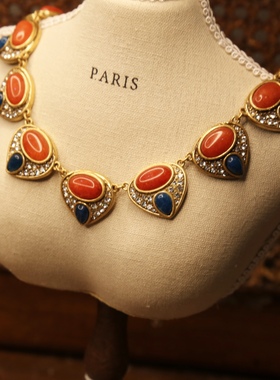 中古风vintage夸张大款长款流苏吊坠项链925银针耳钉耳拍天然石