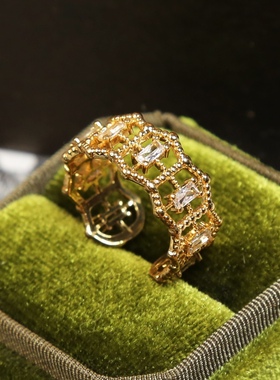 包邮 黄铜镀真金锆石镂空开口戒指百搭