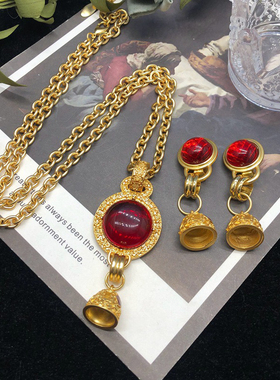 中古复刻西洋长款项链扫肩银针耳钉耳夹红色琉璃吊坠毛衣链耳环