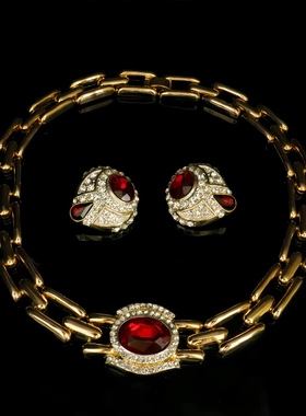 包邮镀真金仿鸽血红宝石耳钉耳夹项链中古饰品复刻