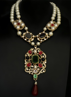 中古风高级感镀真金仿珍珠耳钉耳夹项链翠法丽经典款