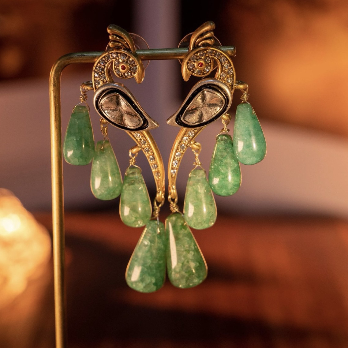 中古风vintage绿色天然石孔雀鸟925银针耳钉耳饰品