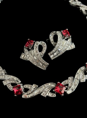 中古风复古宫廷风高级感复古镀真金项链耳钉红色仿宝石