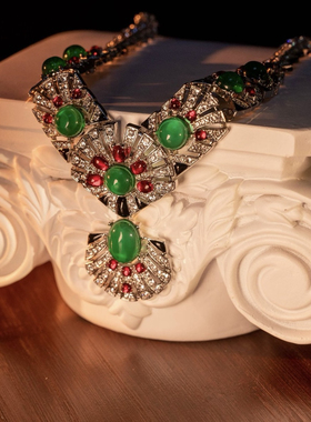 西洋古董中古饰品复刻重工锆石锆钻绿琉璃项链925银针耳钉耳饰品