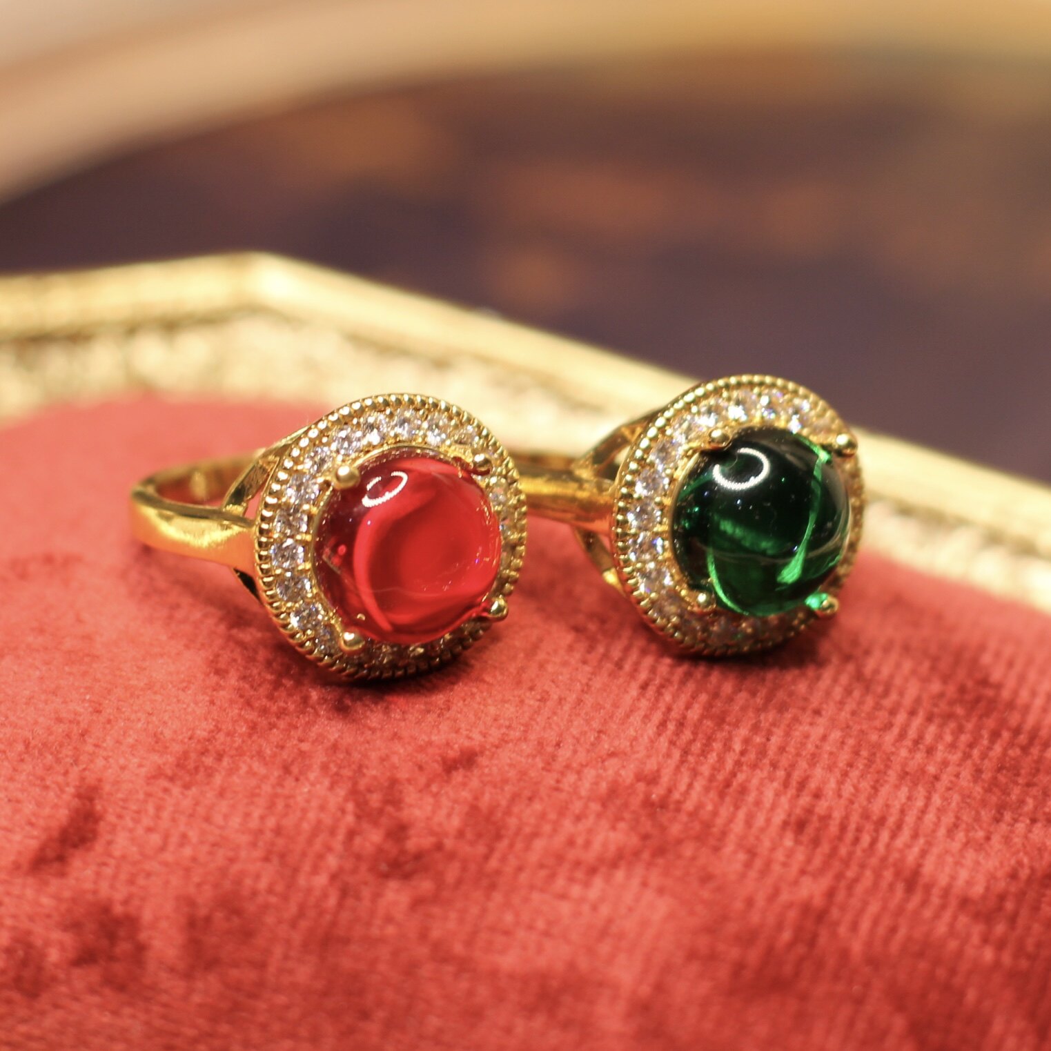 中古风复古宫廷风高级感复古镀真金戒指仿红宝石蓝宝石祖母绿