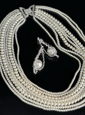 中古风复古风高级感复古镀白金玻璃仿珍珠项链耳钉耳环925银针