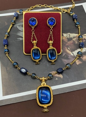 中古复刻vintage蓝色琉璃吊坠项链复古流苏耳环小众设计耳环
