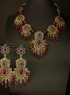 vintage复古宫廷气质红绿水滴琉璃宝石925银针耳环耳夹项链镀真金