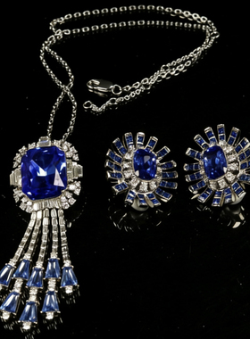 中古风复古风高级感复古镀真金项链毛衣链流苏耳钉耳环蓝色仿宝石