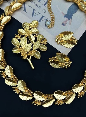中古复刻vintage杂志款树叶素金Trifari繁华复古经典项链耳环套装