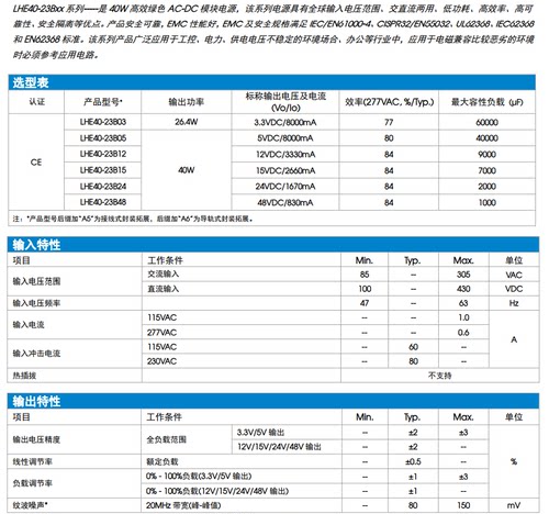 LHE40-23B03 原装正品AC-DC 隔离输入85-300VAC 输出3.3V 8A