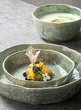 日式窑变绿色陶瓷盘子家用菜盘沙拉盘精致西餐盘意面盘面碗大汤碗