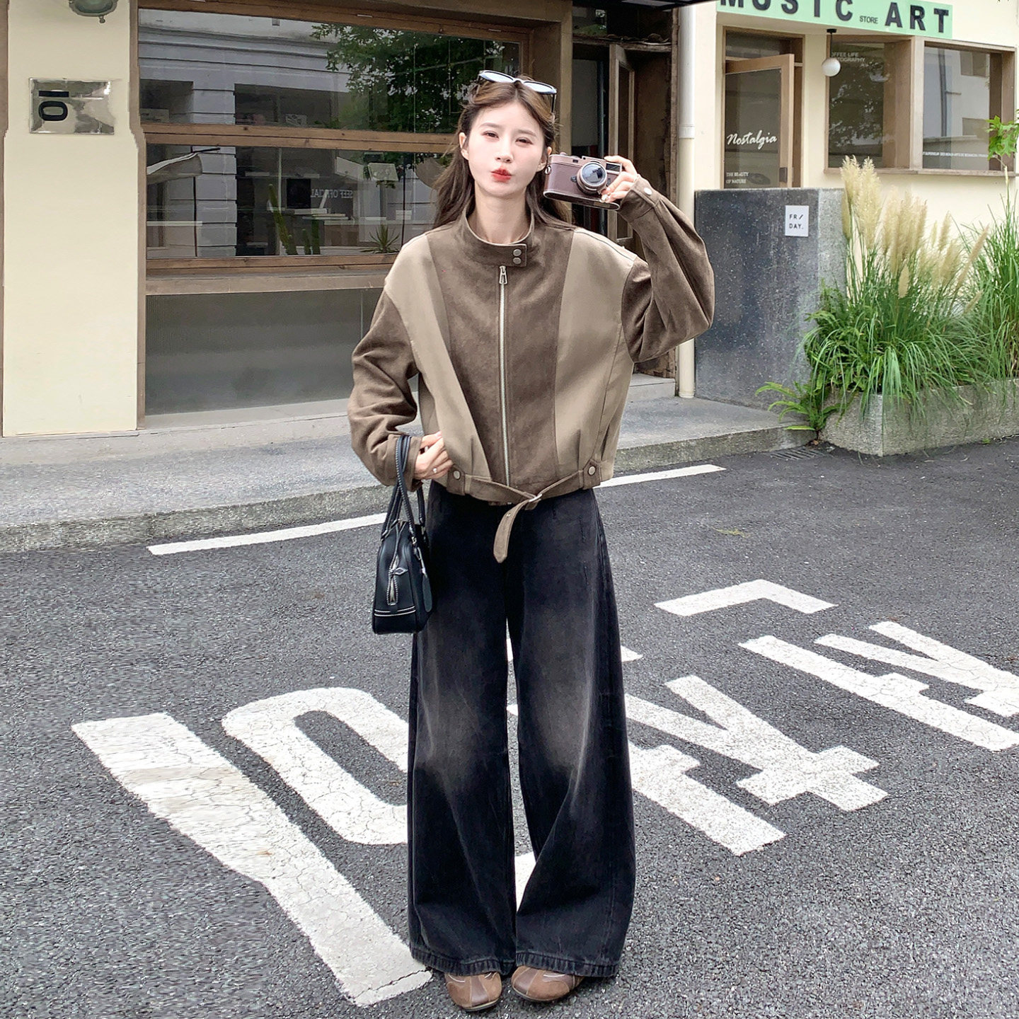 复古立领麂皮撞色短外套女秋季