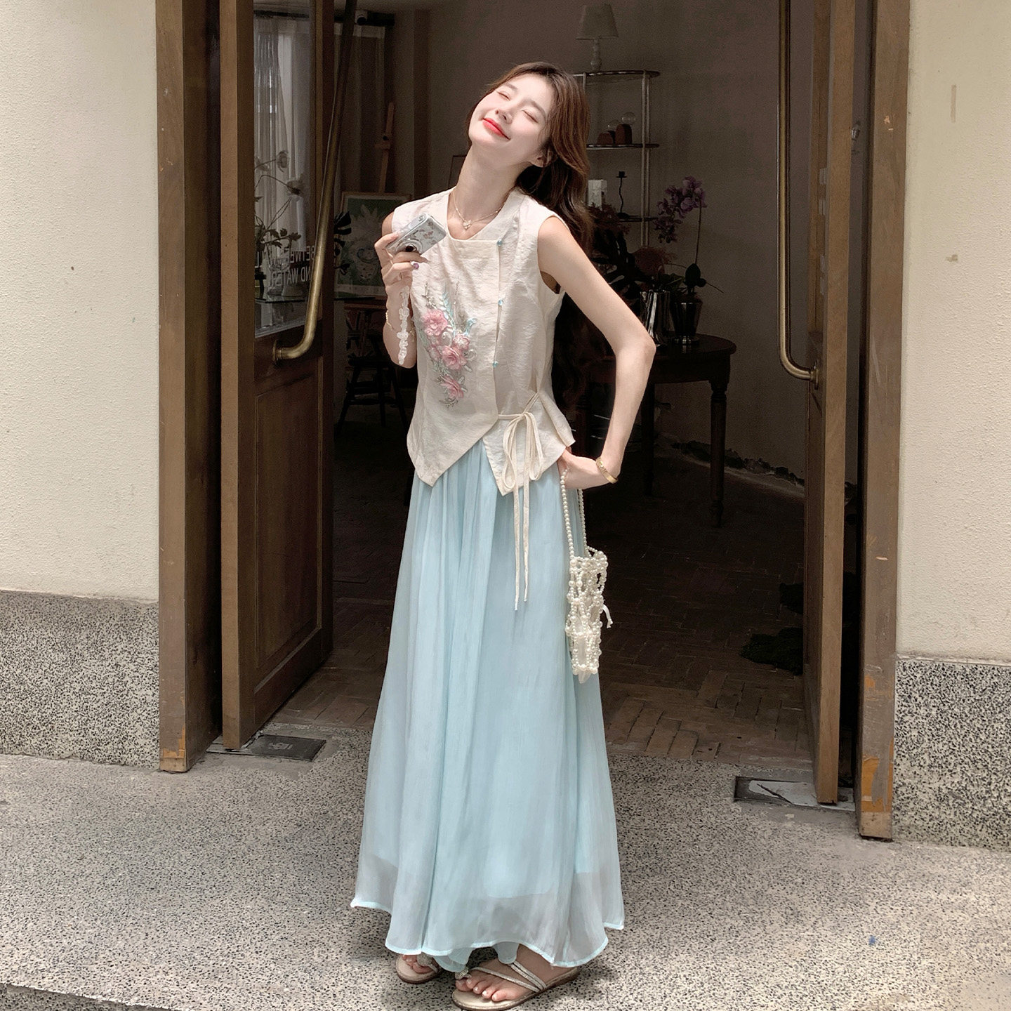 新中式绣花马甲两件套女夏消暑