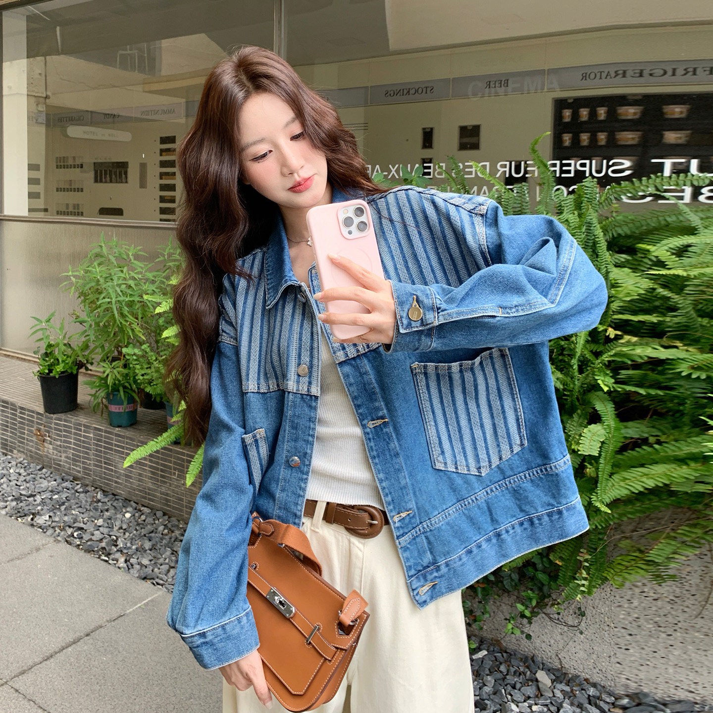 韩系复古牛仔外套女短款条纹