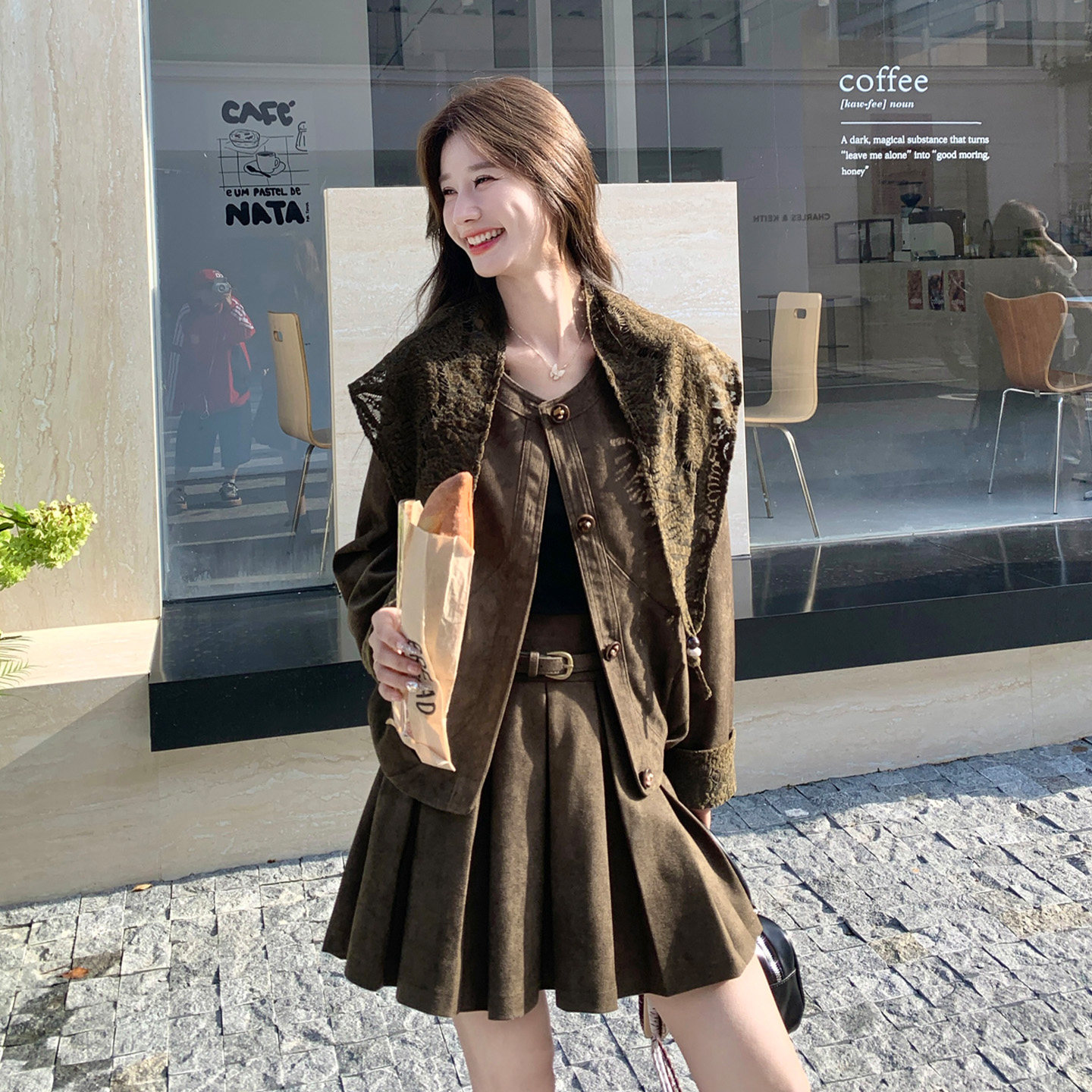 复古麂皮风春秋百褶裙三件套女