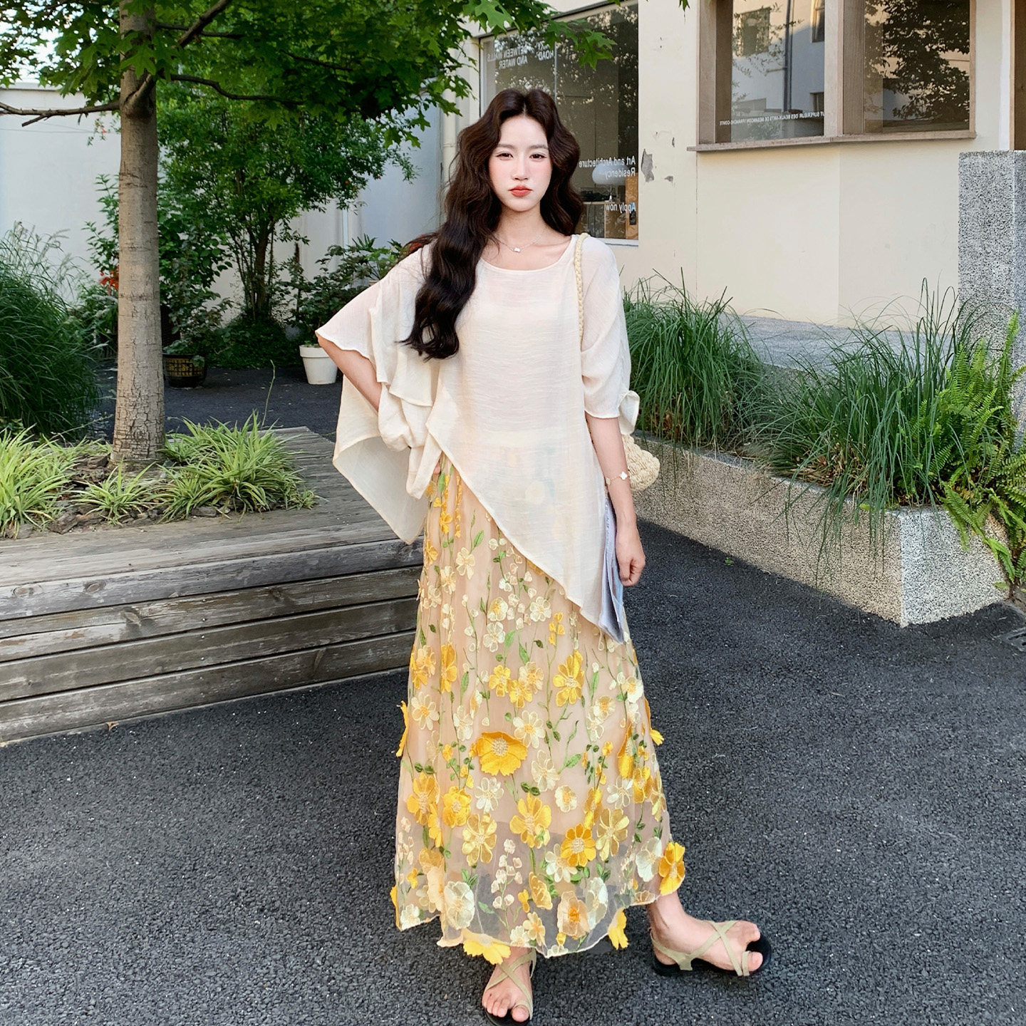 度假风立体花朵半身裙套装女夏季
