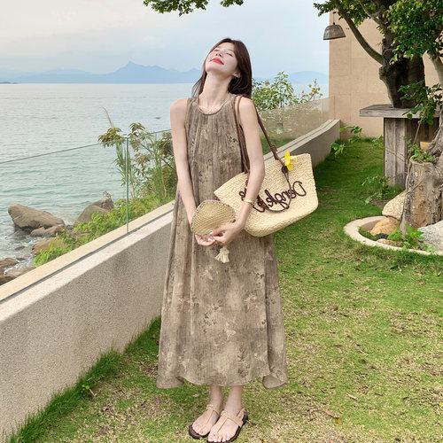 度假风无袖背心连衣裙女复古
