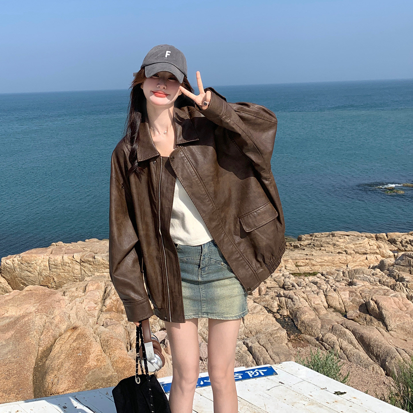 韩系复古机车风短款PU皮衣女