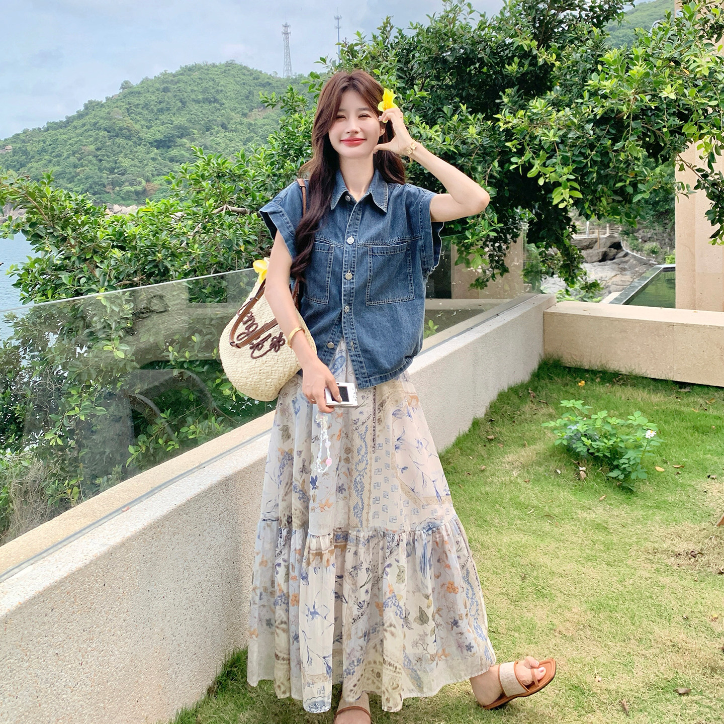 夏季美式复古牛仔衬衫碎花裙套装