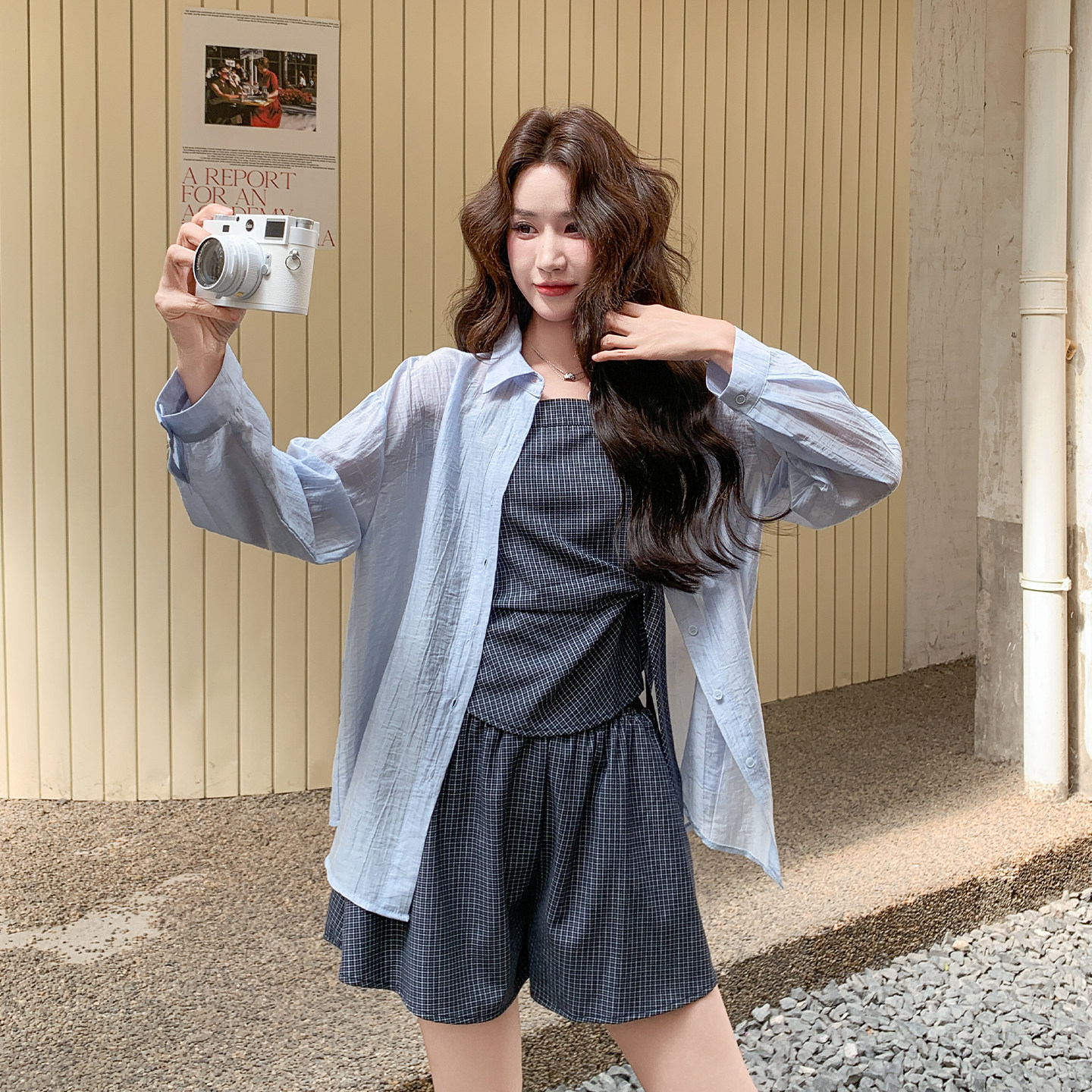 慵懒防晒衬衫短裤三件套女