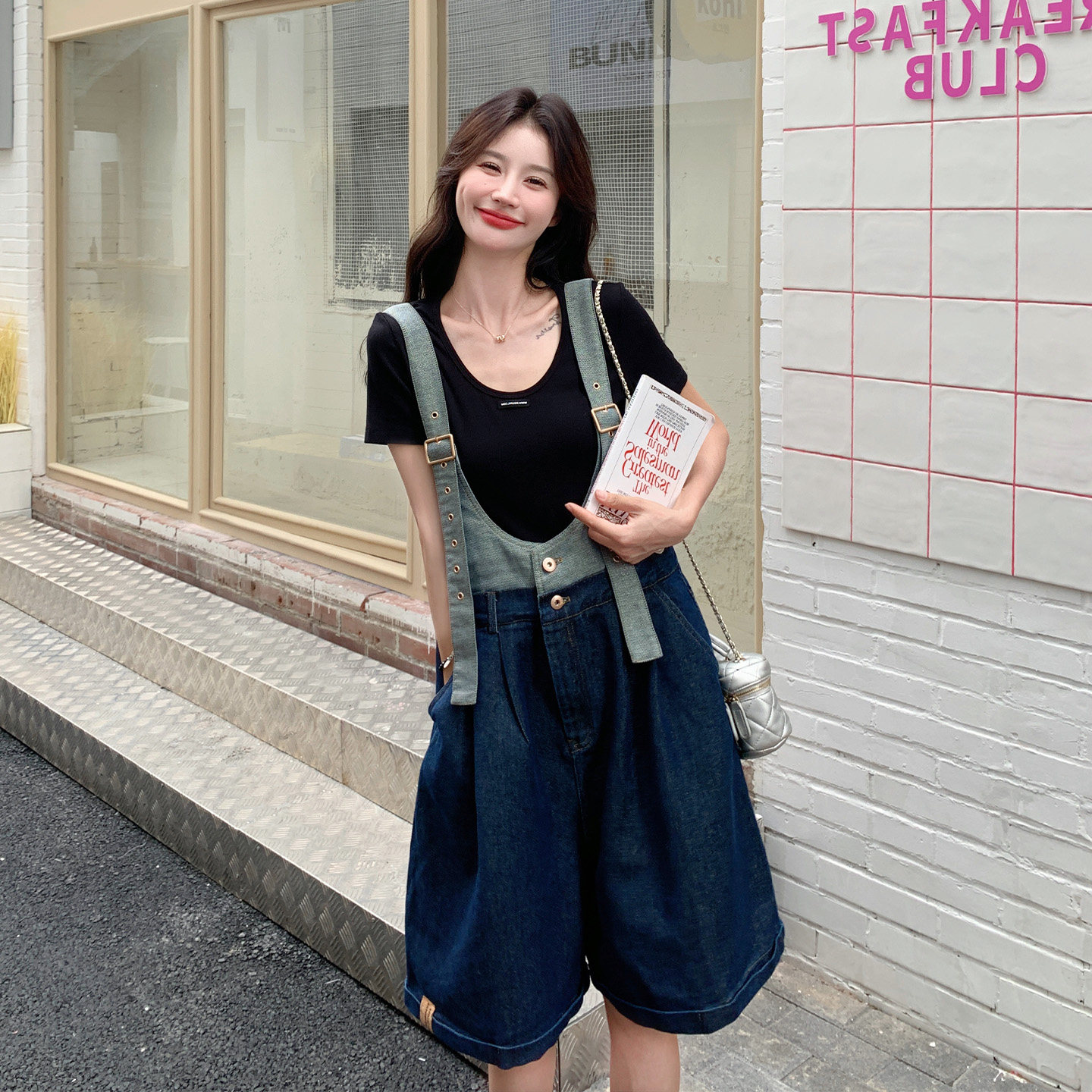 休闲风假两件牛仔背带裤女