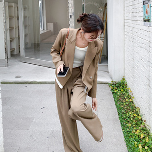 高级感老钱风套装女士2026春季新款韩系撞色气质西装阔腿裤两件套