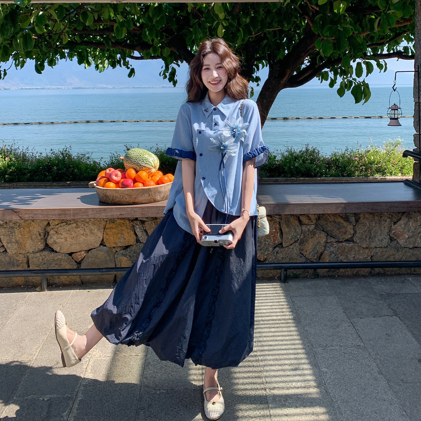 蓝色休闲减龄学院风蕾丝拼接衬衫套装女夏日花苞半身裙两件套2026