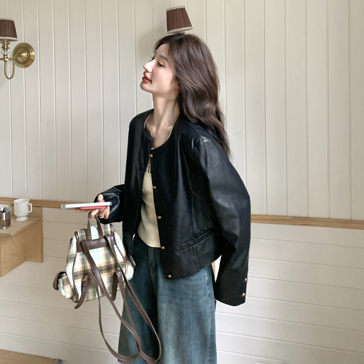 黑色美式酷飒风短款皮衣外套女2026春小个子气质休闲PU皮圆领夹克