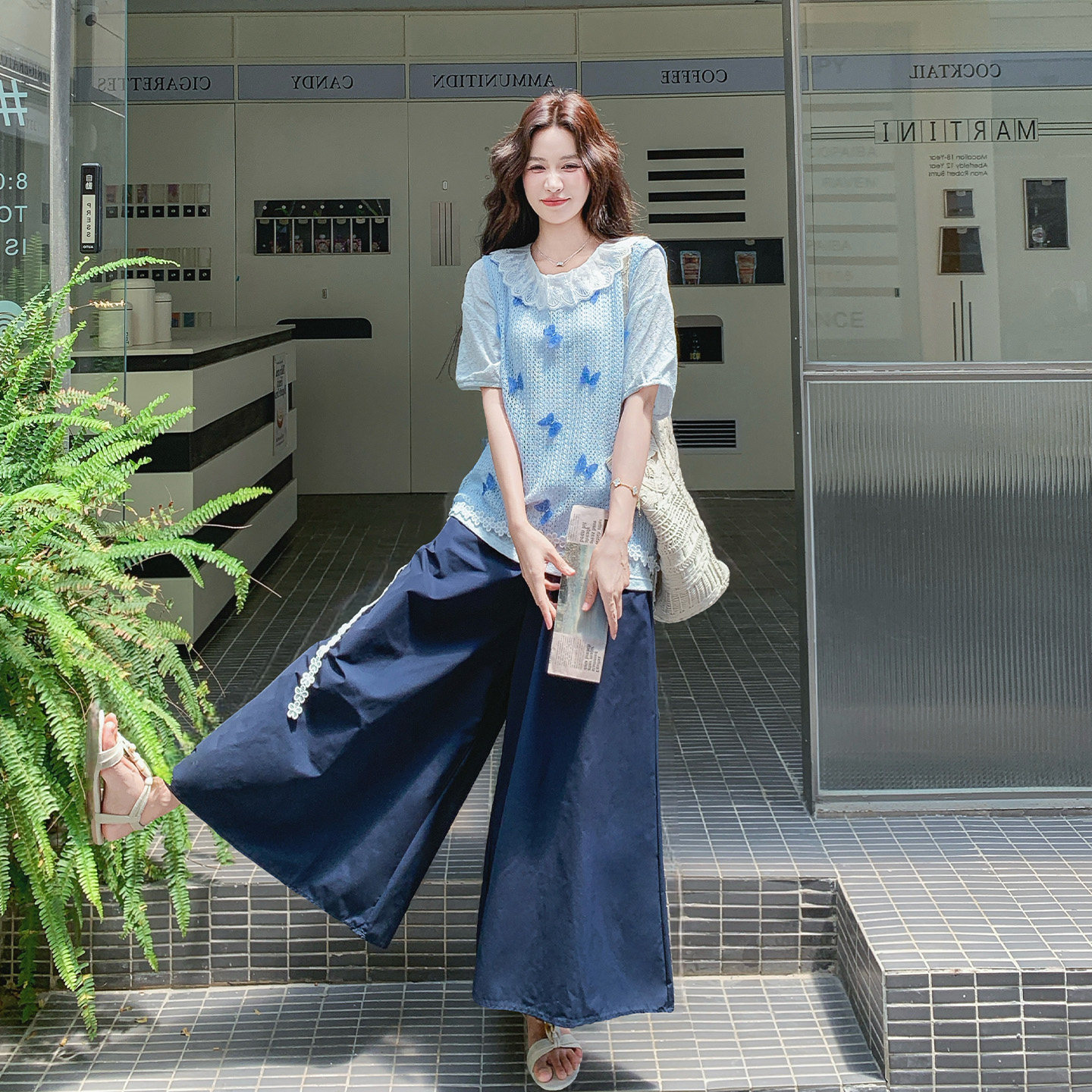碎花印花短袖上衣阔腿裤三件套