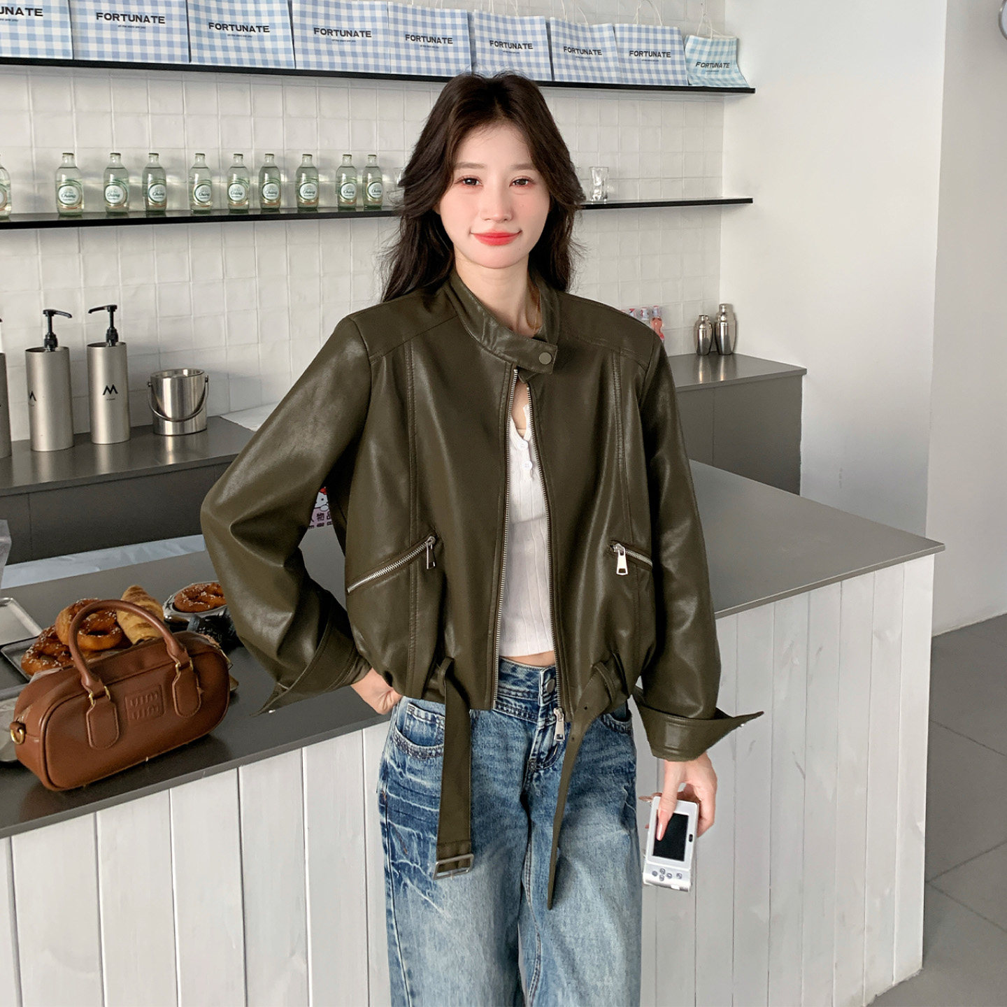 港风复古立领机车皮衣短夹克女