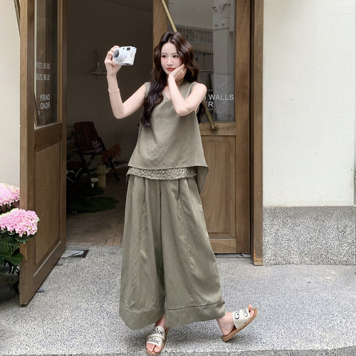 复古轻奢高级感夏日减龄套装女2026新款钩花拼接上衣阔腿裤两件套