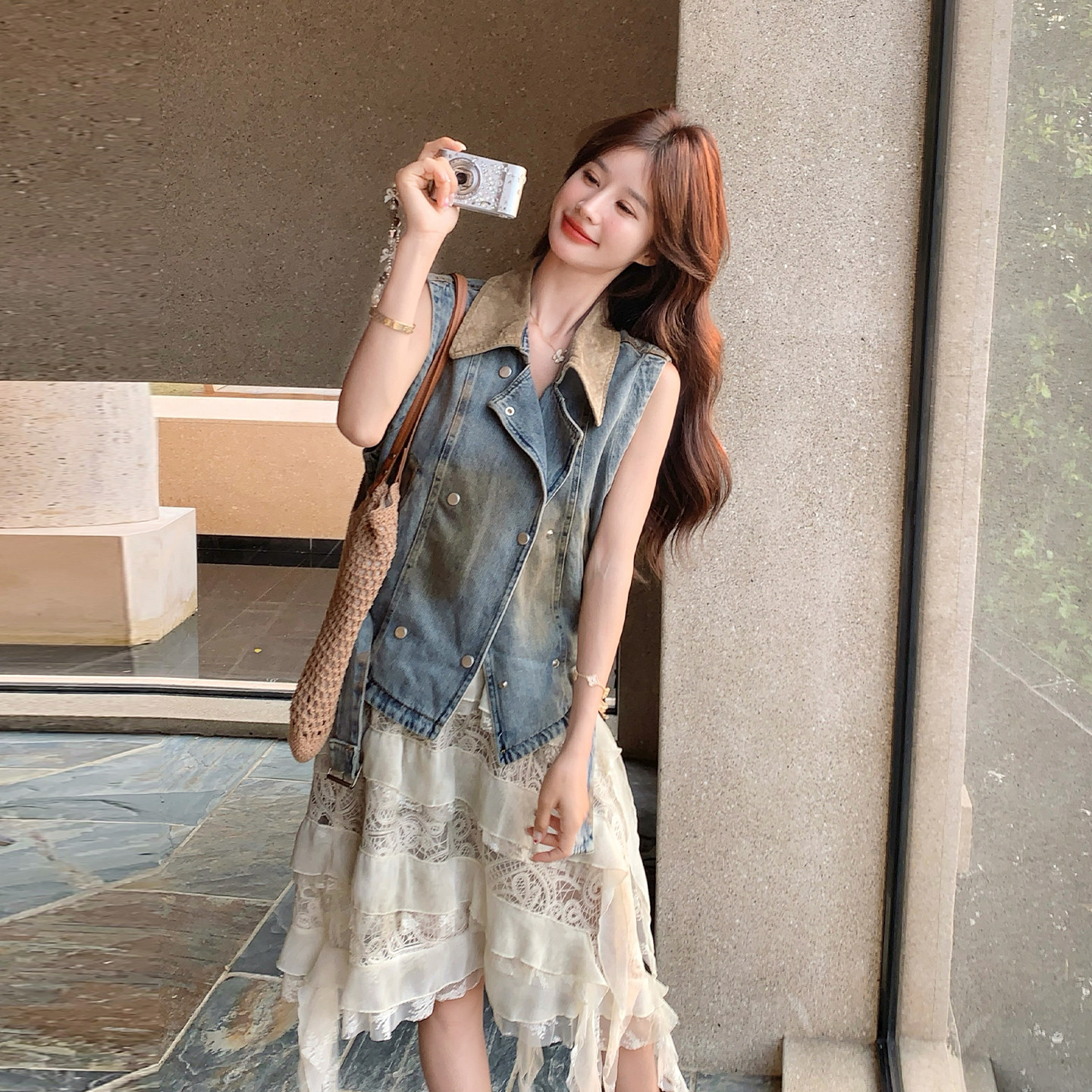 夏日小个子减龄套装女2026新款复古牛仔马甲网纱蛋糕半身裙两件套