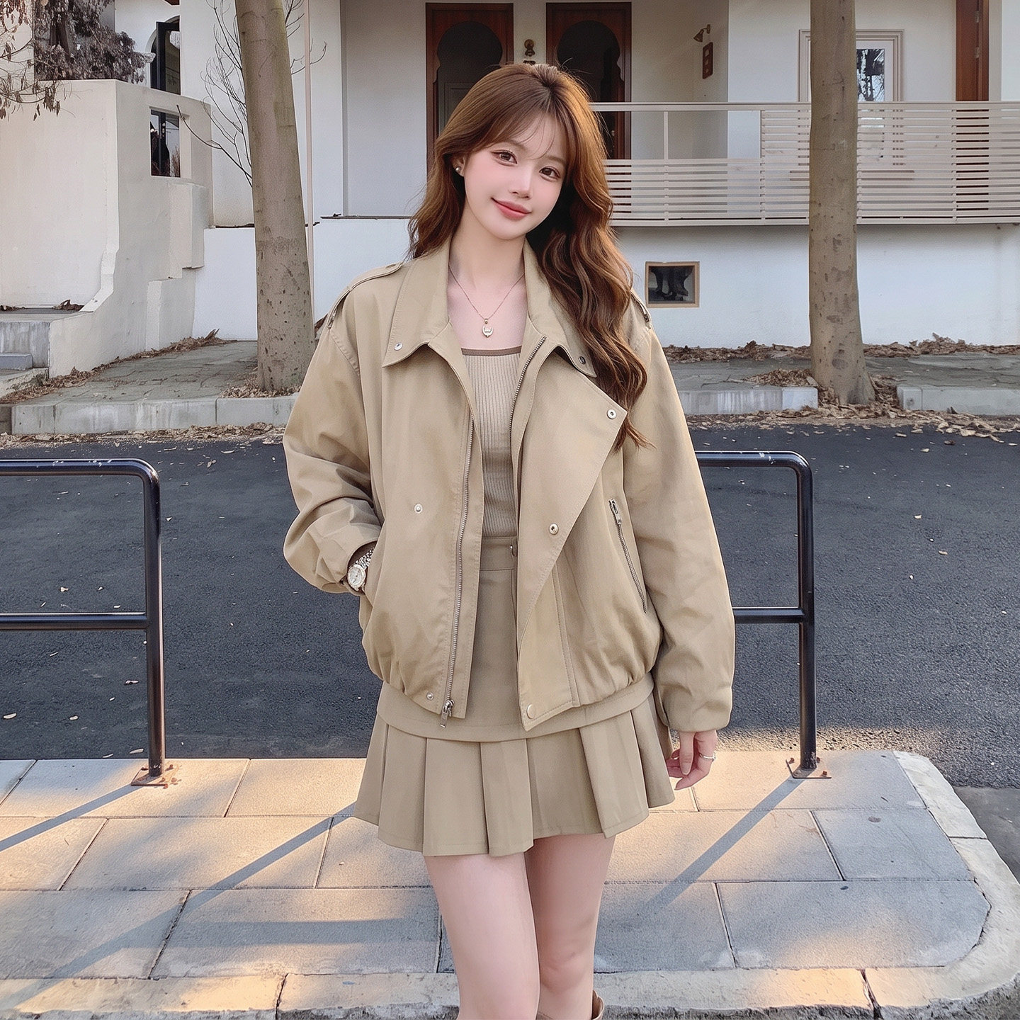 韩系夹克外套百褶裙两件套女